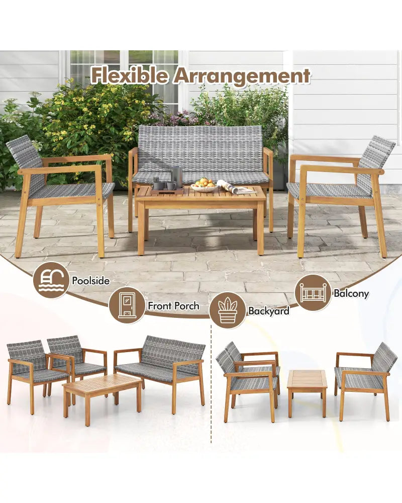4-Piece Patio Furniture Set with Loveseat Single Chairs and Coffee Table - Natural - Patio Conversation Sets