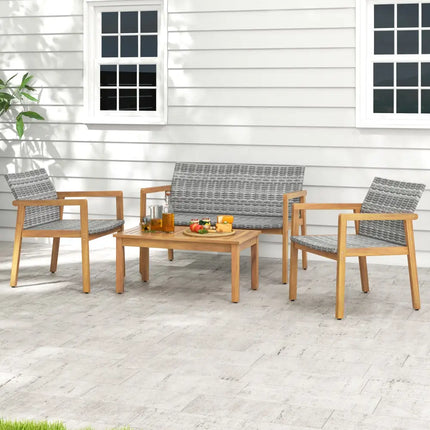 4-Piece Patio Furniture Set with Loveseat Single Chairs and Coffee Table - Natural - Patio Conversation Sets