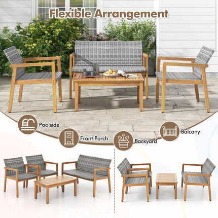 4-Piece Patio Furniture Set with Loveseat Single Chairs and Coffee Table - Natural - Patio Conversation Sets