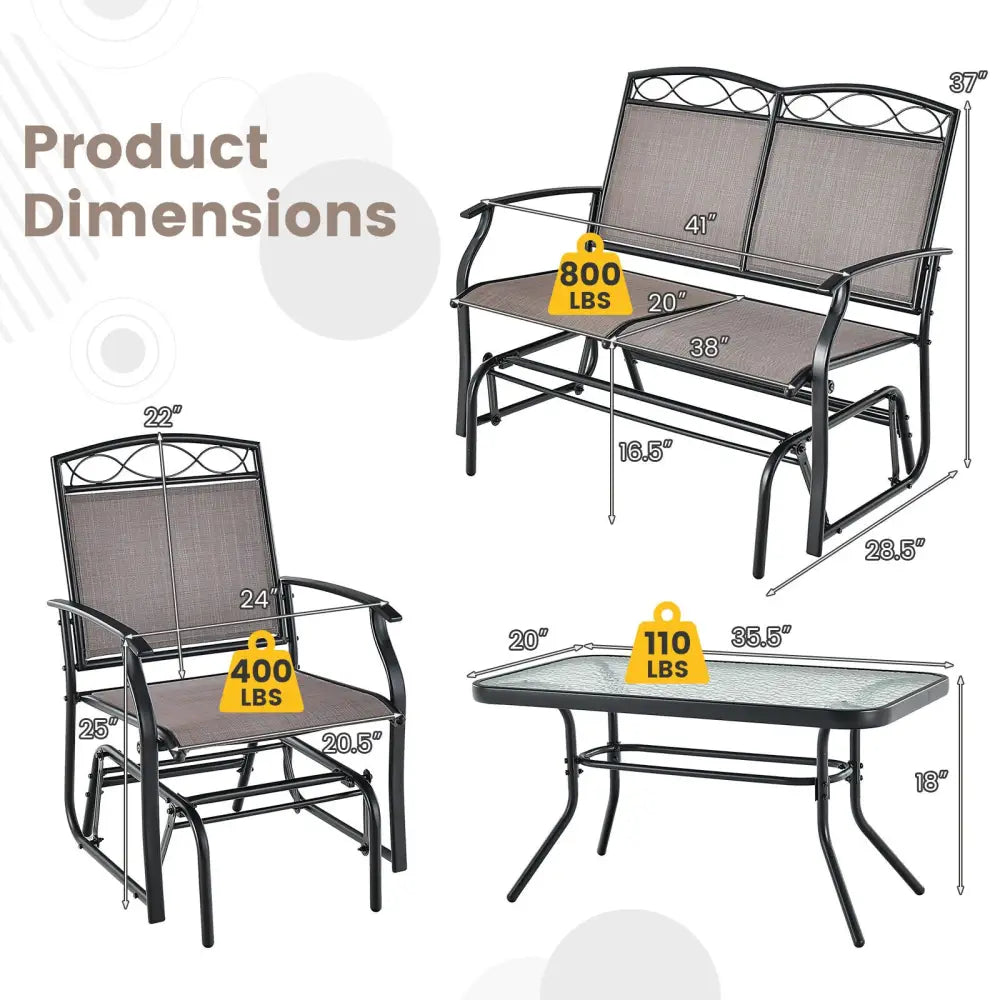 4 Piece Patio Glider Conversation Set with Tempered Glass Table Top-Brown - Brown - Patio Conversation Sets
