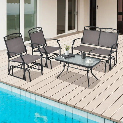 4 Piece Patio Glider Conversation Set with Tempered Glass Table Top-Brown - Brown - Patio Conversation Sets