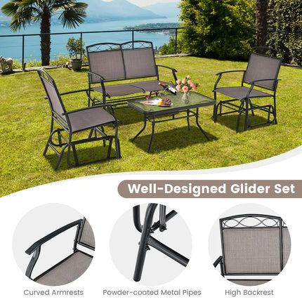 4 Piece Patio Glider Conversation Set with Tempered Glass Table Top-Brown - Brown - Patio Conversation Sets