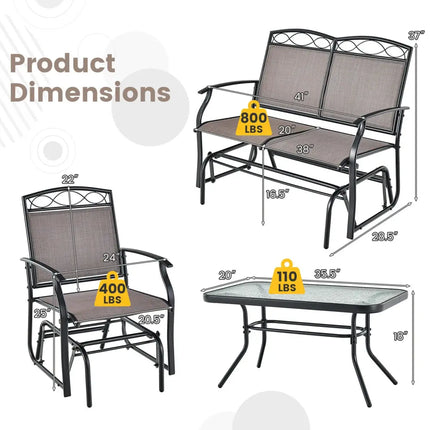 4 Piece Patio Glider Conversation Set with Tempered Glass Table Top-Brown - Brown - Patio Conversation Sets
