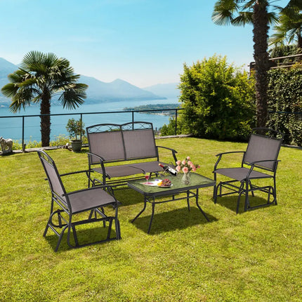4 Piece Patio Glider Conversation Set with Tempered Glass Table Top-Brown - Brown - Patio Conversation Sets