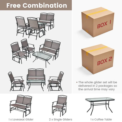 4 Piece Patio Glider Conversation Set with Tempered Glass Table Top-Brown - Brown - Patio Conversation Sets