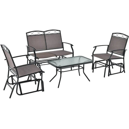 4 Piece Patio Glider Conversation Set with Tempered Glass Table Top-Brown - Brown - Patio Conversation Sets