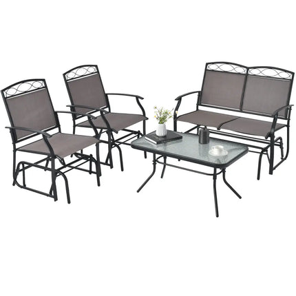 4 Piece Patio Glider Conversation Set with Tempered Glass Table Top-Brown - Brown - Patio Conversation Sets
