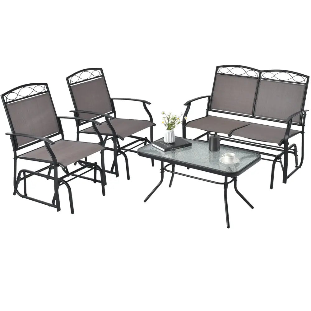 4 Piece Patio Glider Conversation Set with Tempered Glass Table Top-Brown - Brown - Patio Conversation Sets