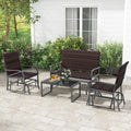 4 Piece Patio Gliding Set Wicker Swing Glider Furniture Set All Weather with Tempered Glass Coffee Table-Brown - Brown