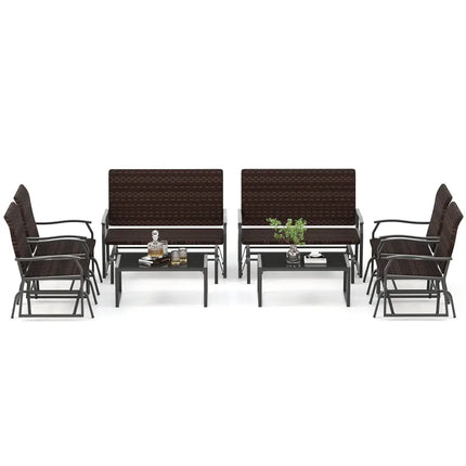 4 Piece Patio Gliding Set Wicker Swing Glider Furniture Set All Weather with Tempered Glass Coffee Table-Brown - Brown