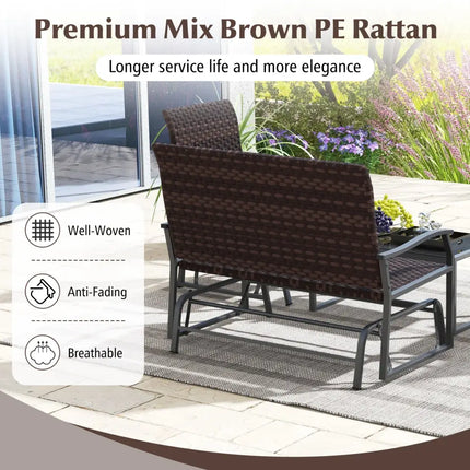 4 Piece Patio Gliding Set Wicker Swing Glider Furniture Set All Weather with Tempered Glass Coffee Table-Brown - Brown