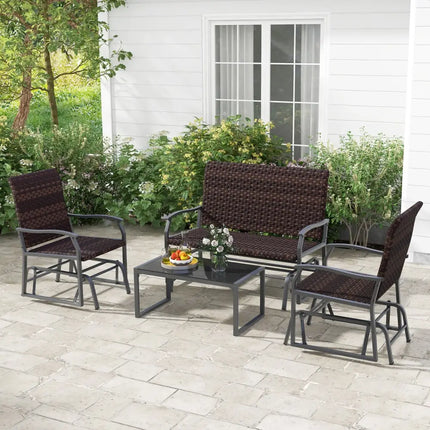 4 Piece Patio Gliding Set Wicker Swing Glider Furniture Set All Weather with Tempered Glass Coffee Table-Brown - Brown