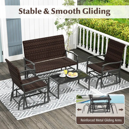 4 Piece Patio Gliding Set Wicker Swing Glider Furniture Set All Weather with Tempered Glass Coffee Table-Brown - Brown