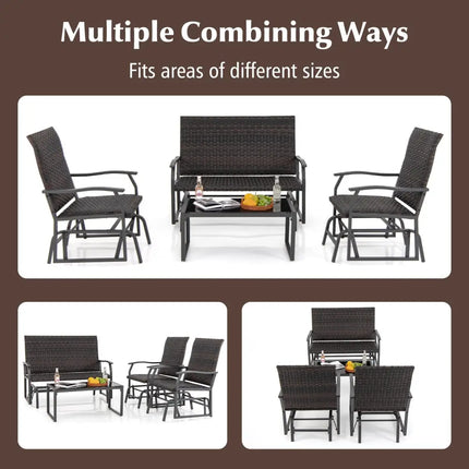 4 Piece Patio Gliding Set Wicker Swing Glider Furniture Set All Weather with Tempered Glass Coffee Table-Brown - Brown