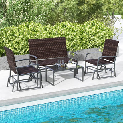 4 Piece Patio Gliding Set Wicker Swing Glider Furniture Set All Weather with Tempered Glass Coffee Table-Brown - Brown