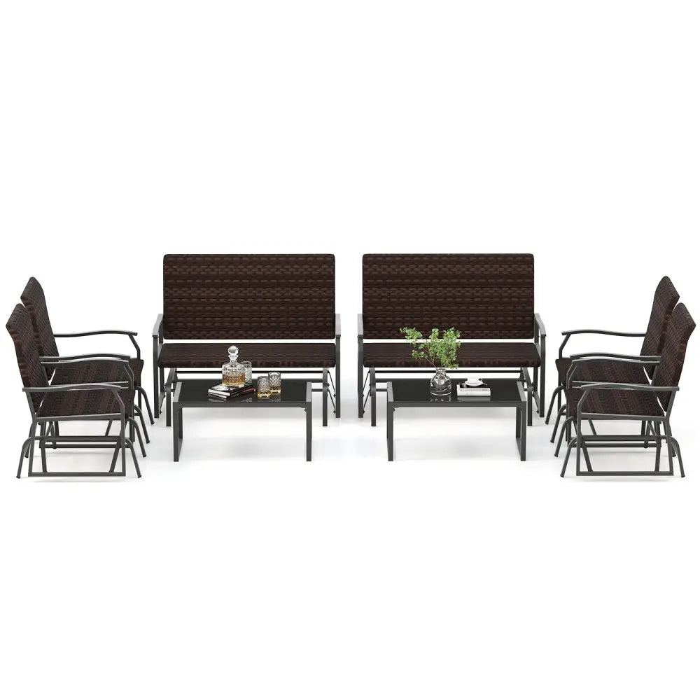 4 Piece Patio Gliding Set Wicker Swing Glider Furniture Set All Weather with Tempered Glass Coffee Table-Brown - Brown