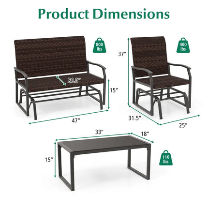4 Piece Patio Gliding Set Wicker Swing Glider Furniture Set All Weather with Tempered Glass Coffee Table-Brown - Brown