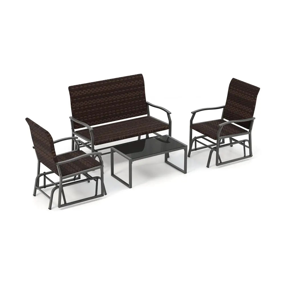 4 Piece Patio Gliding Set Wicker Swing Glider Furniture Set All Weather with Tempered Glass Coffee Table-Brown - Brown