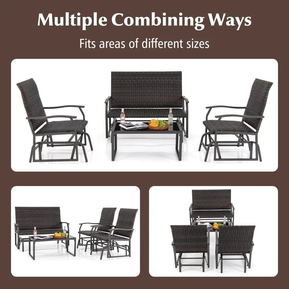 4 Piece Patio Gliding Set Wicker Swing Glider Furniture Set All Weather with Tempered Glass Coffee Table-Brown - Brown