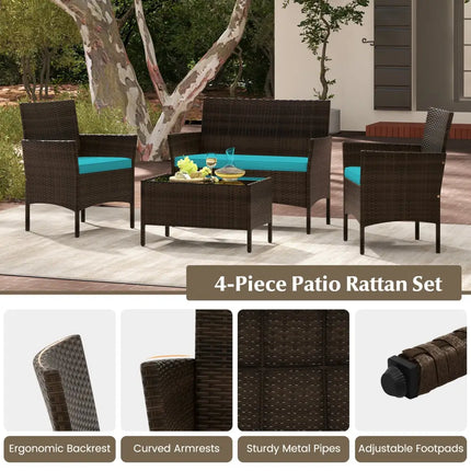 4 Piece Patio Rattan Conversation Set with Cozy Seat Cushions-Turquoise - Turquoise - Patio Conversation Sets