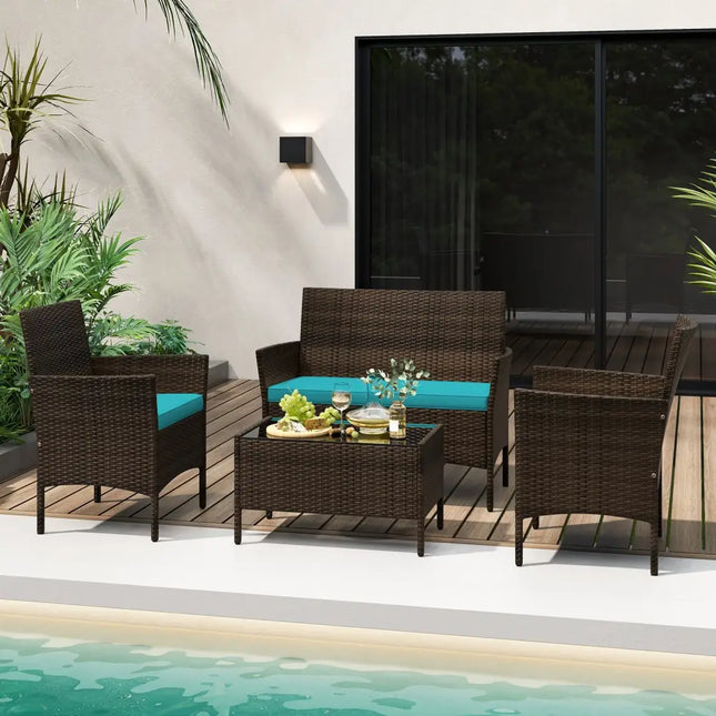 4 Piece Patio Rattan Conversation Set with Cozy Seat Cushions-Turquoise - Turquoise - Patio Conversation Sets