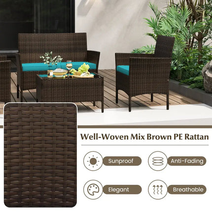 4 Piece Patio Rattan Conversation Set with Cozy Seat Cushions-Turquoise - Turquoise - Patio Conversation Sets