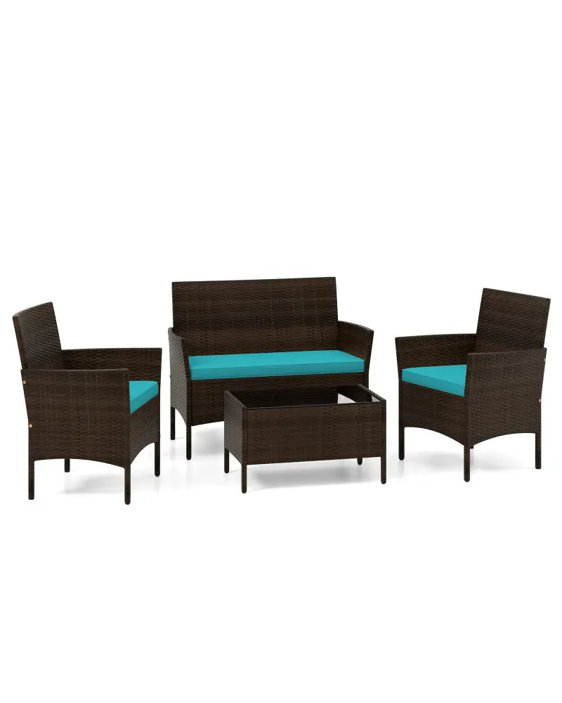 4 Piece Patio Rattan Conversation Set with Cozy Seat Cushions-Turquoise - Turquoise - Patio Conversation Sets