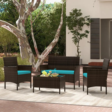 4 Piece Patio Rattan Conversation Set with Cozy Seat Cushions-Turquoise - Turquoise - Patio Conversation Sets