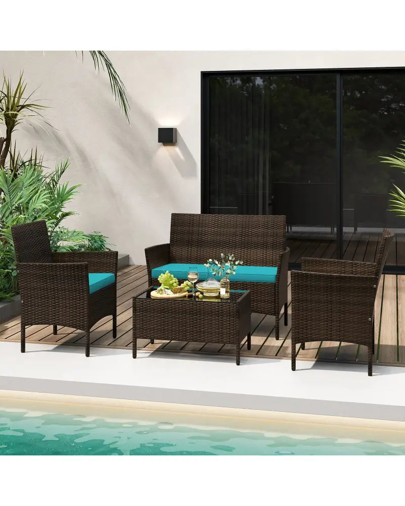 4 Piece Patio Rattan Conversation Set with Cozy Seat Cushions-Turquoise - Turquoise - Patio Conversation Sets