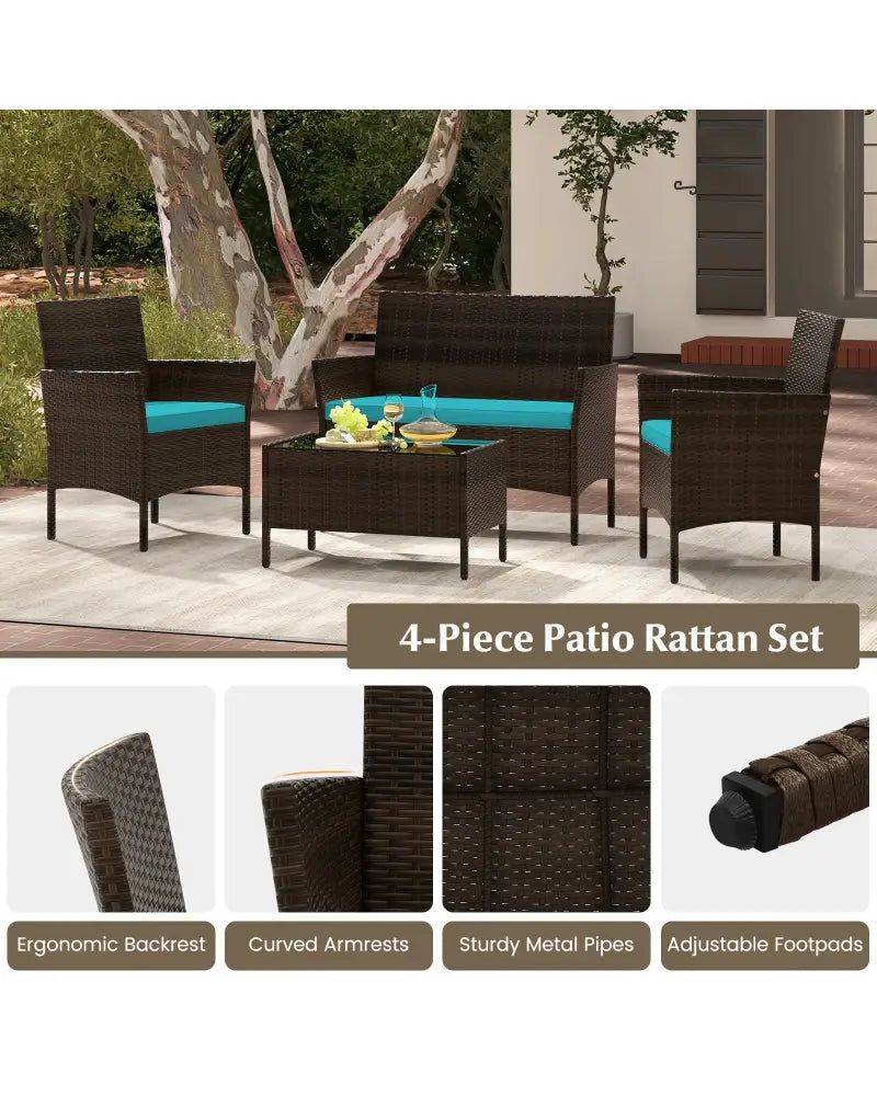 4 Piece Patio Rattan Conversation Set with Cozy Seat Cushions-Turquoise - Turquoise - Patio Conversation Sets