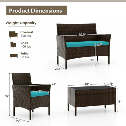 4 Piece Patio Rattan Conversation Set with Cozy Seat Cushions-Turquoise - Turquoise - Patio Conversation Sets