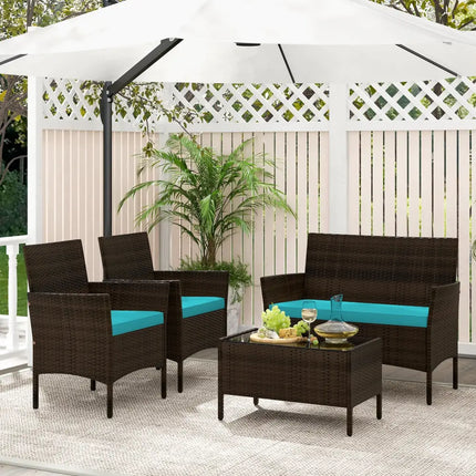 4 Piece Patio Rattan Conversation Set with Cozy Seat Cushions-Turquoise - Turquoise - Patio Conversation Sets