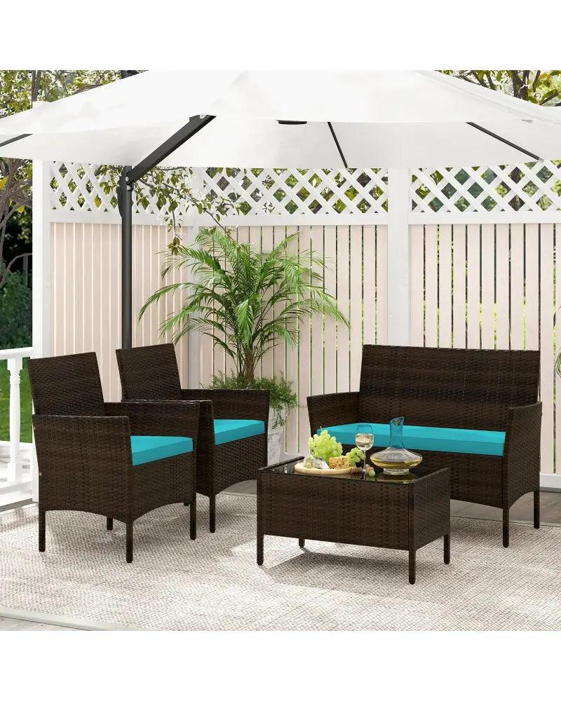 4 Piece Patio Rattan Conversation Set with Cozy Seat Cushions-Turquoise - Turquoise - Patio Conversation Sets