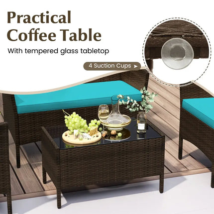 4 Piece Patio Rattan Conversation Set with Cozy Seat Cushions-Turquoise - Turquoise - Patio Conversation Sets