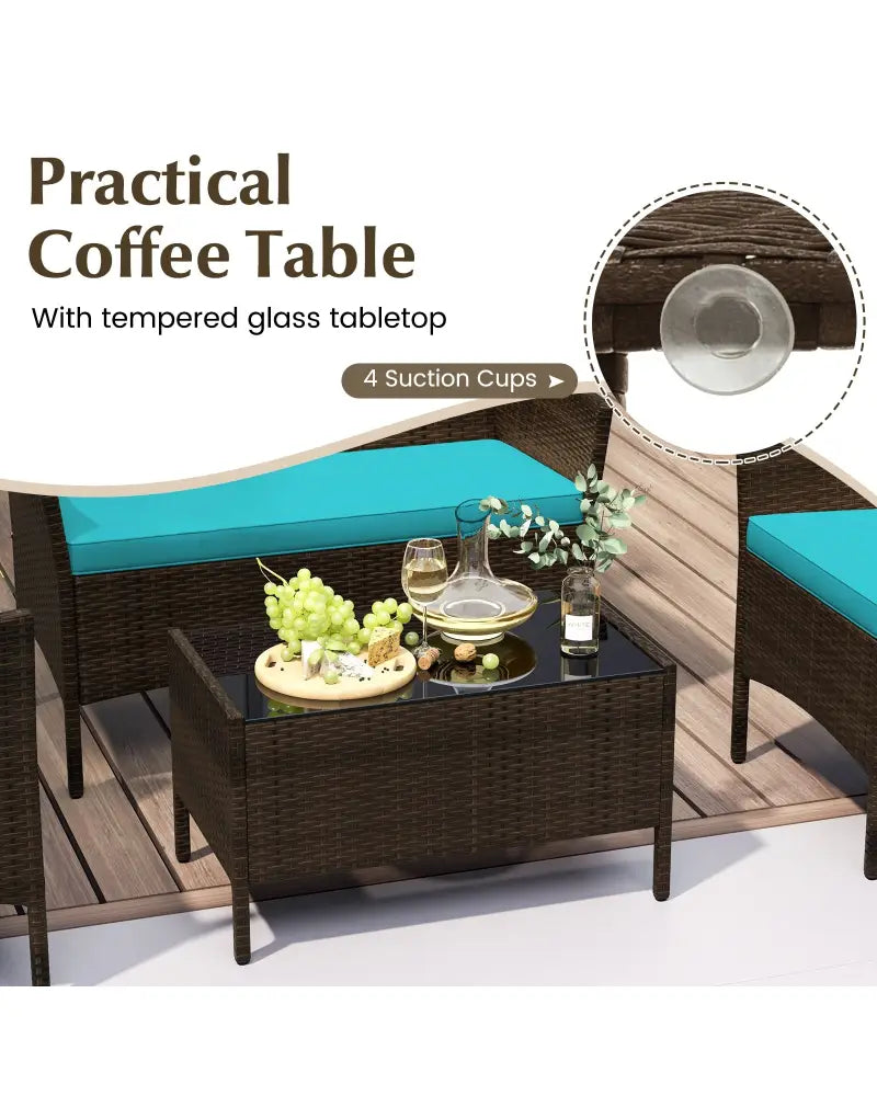 4 Piece Patio Rattan Conversation Set with Cozy Seat Cushions-Turquoise - Turquoise - Patio Conversation Sets