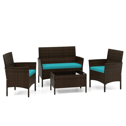 4 Piece Patio Rattan Conversation Set with Cozy Seat Cushions-Turquoise - Turquoise - Patio Conversation Sets
