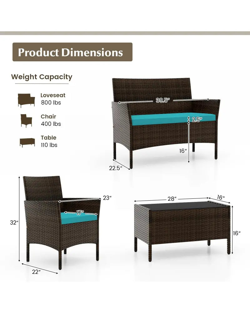 4 Piece Patio Rattan Conversation Set with Cozy Seat Cushions-Turquoise - Turquoise - Patio Conversation Sets