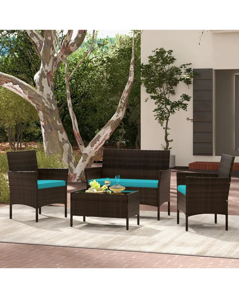4 Piece Patio Rattan Conversation Set with Cozy Seat Cushions-Turquoise - Turquoise - Patio Conversation Sets