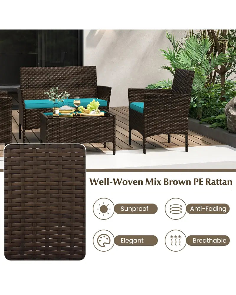 4 Piece Patio Rattan Conversation Set with Cozy Seat Cushions-Turquoise - Turquoise - Patio Conversation Sets