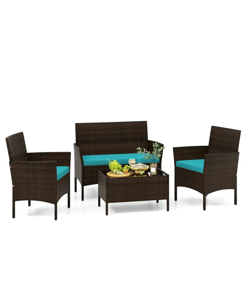 4 Piece Patio Rattan Conversation Set with Cozy Seat Cushions-Turquoise - Turquoise - Patio Conversation Sets