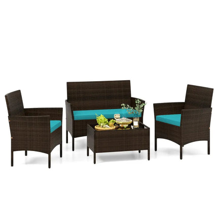 4 Piece Patio Rattan Conversation Set with Cozy Seat Cushions-Turquoise - Turquoise - Patio Conversation Sets