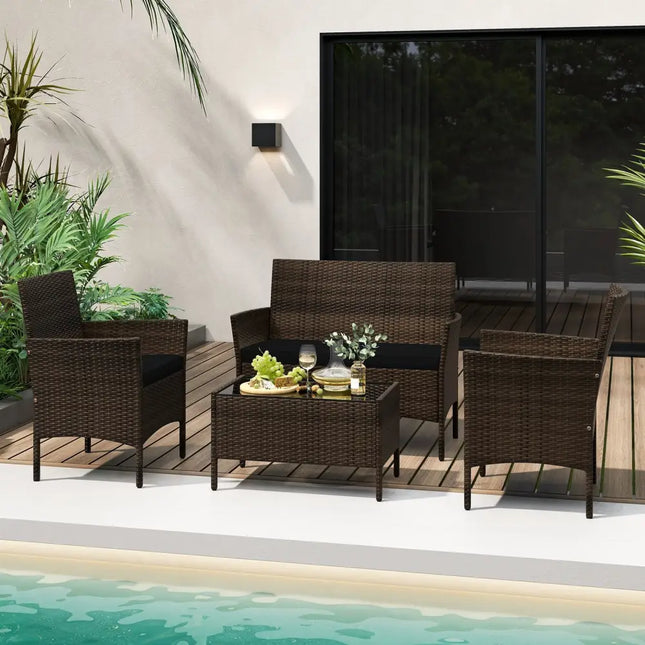 4 Piece Patio Rattan Conversation Set with Cozy Seat Cushions-Black - Black - Patio Conversation Sets