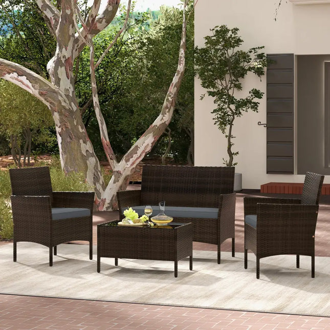 4 Piece Patio Rattan Conversation Set with Cozy Seat Cushions-Gray - Gray - Patio Conversation Sets