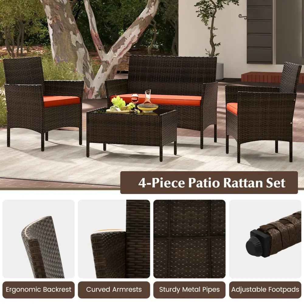 4 Piece Patio Rattan Conversation Set with Cozy Seat Cushions-Orange - Orange - Patio Conversation Sets