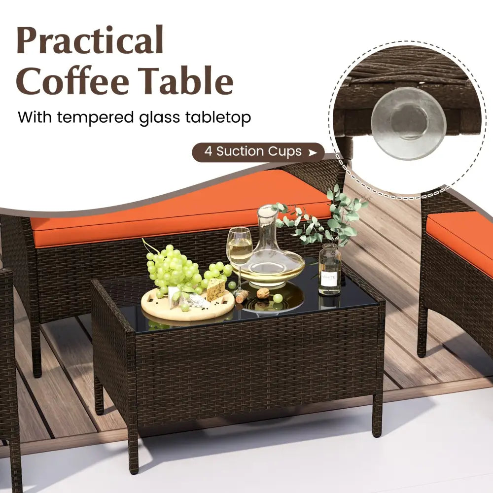 4 Piece Patio Rattan Conversation Set with Cozy Seat Cushions-Orange - Orange - Patio Conversation Sets