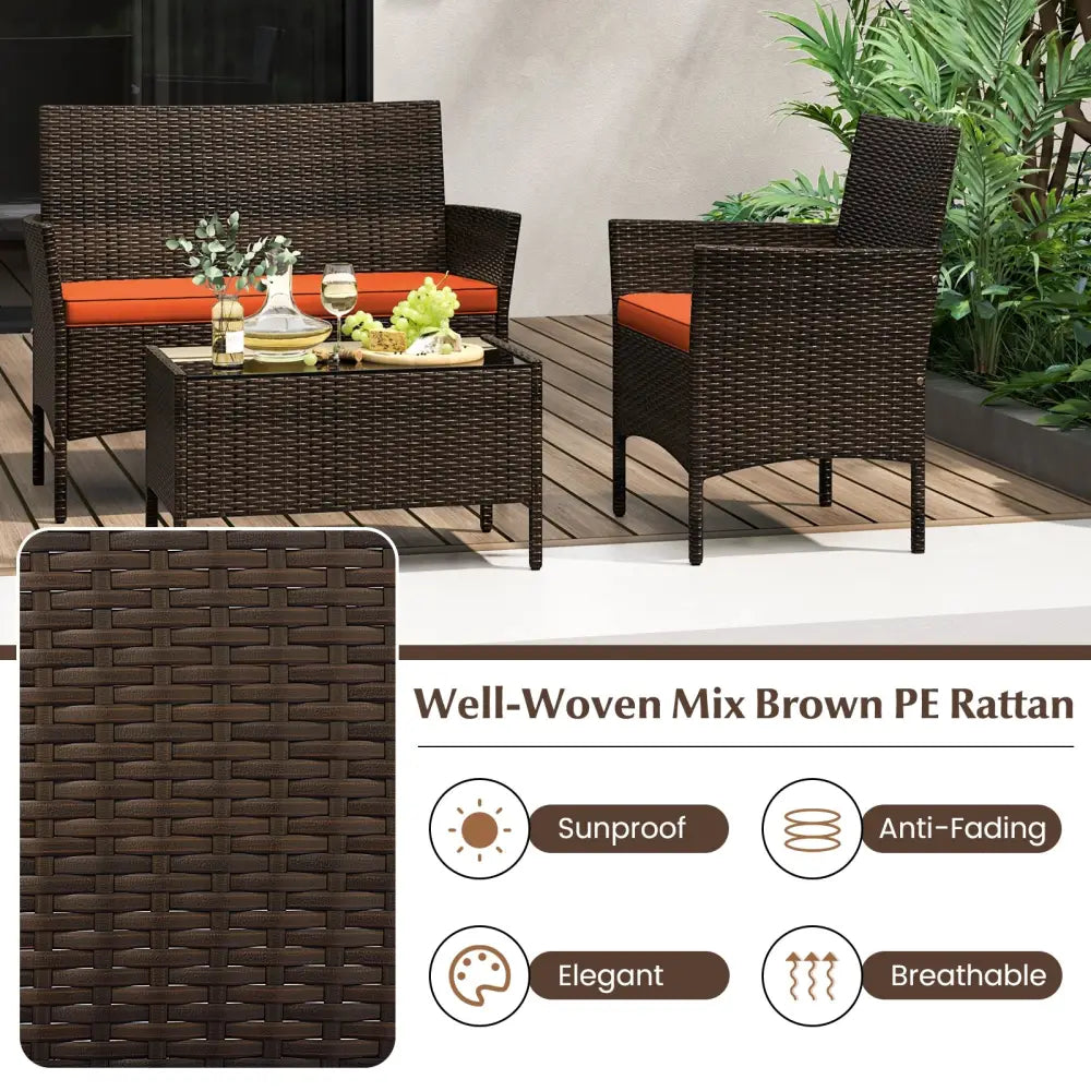 4 Piece Patio Rattan Conversation Set with Cozy Seat Cushions-Orange - Orange - Patio Conversation Sets