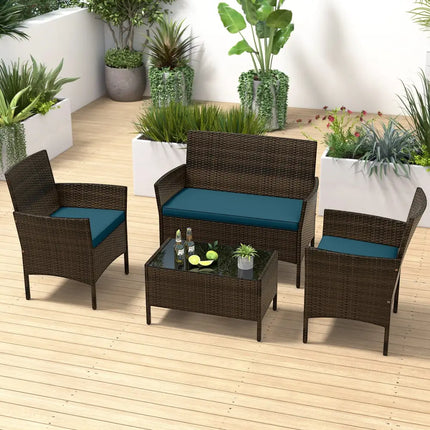 4 Piece Patio Rattan Conversation Set with Cozy Seat Cushions-Peacock Blue - Peacock Blue - Patio Conversation Sets