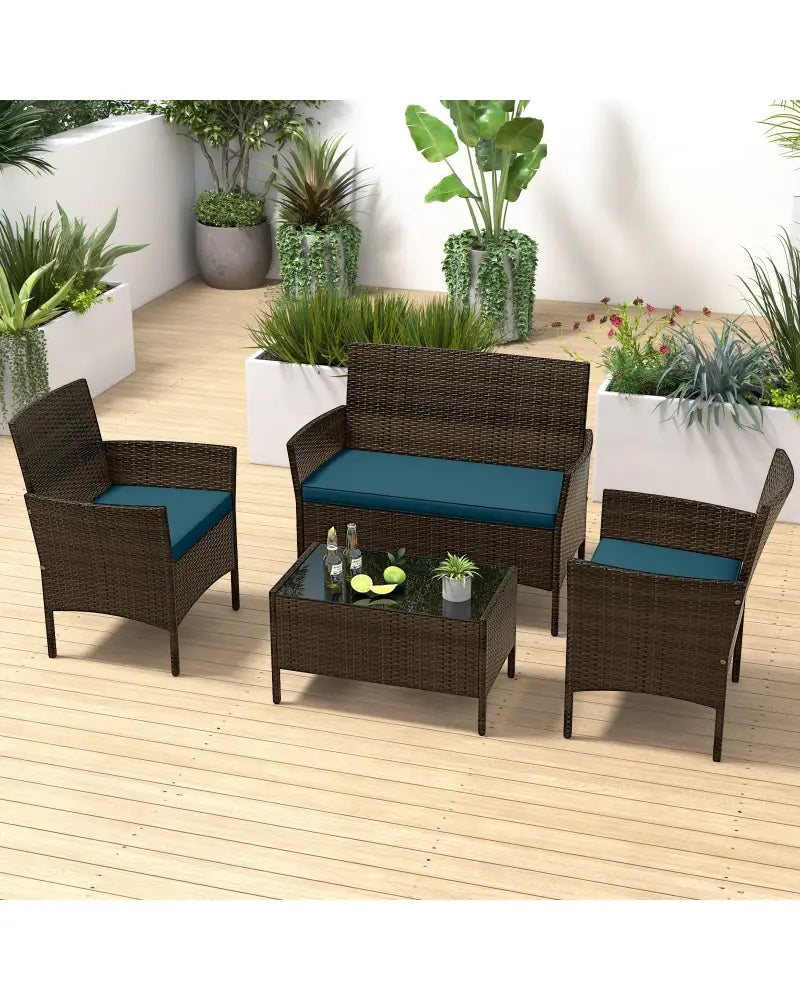 4 Piece Patio Rattan Conversation Set with Cozy Seat Cushions-Peacock Blue - Peacock Blue - Patio Conversation Sets