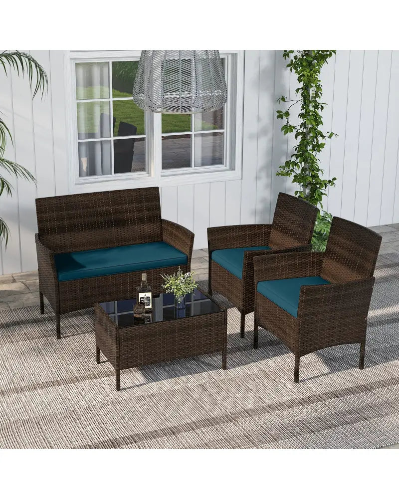 4 Piece Patio Rattan Conversation Set with Cozy Seat Cushions-Peacock Blue - Peacock Blue - Patio Conversation Sets