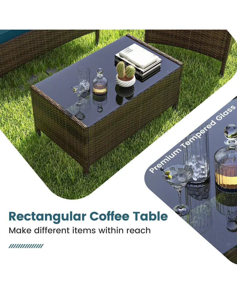 4 Piece Patio Rattan Conversation Set with Cozy Seat Cushions-Peacock Blue - Peacock Blue - Patio Conversation Sets